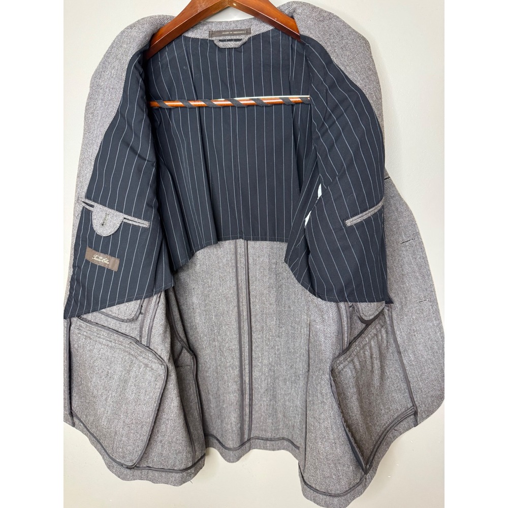Tasso Elba Mens Herringbone Tweed Safari Sports Coat Blazer Grey Brown 3 Button - Picture 9 of 13